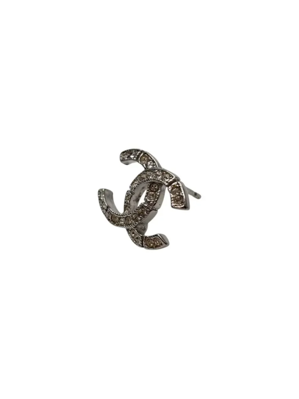 Chanel CC Logo Earrings Rhinestone Metal Clear Silver